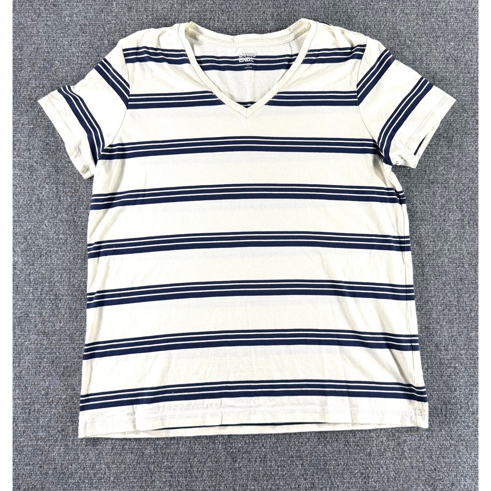 Lands End Mens V-Neck T-Shirt Medium M Blue White Striped Short Sleeve Tee
